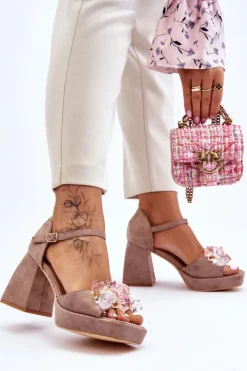 Sandały Na Obcasie>Boto Modne Sandały Z Kryształami Na Masywnym Obcasie Ciemnobeżowe Garrett