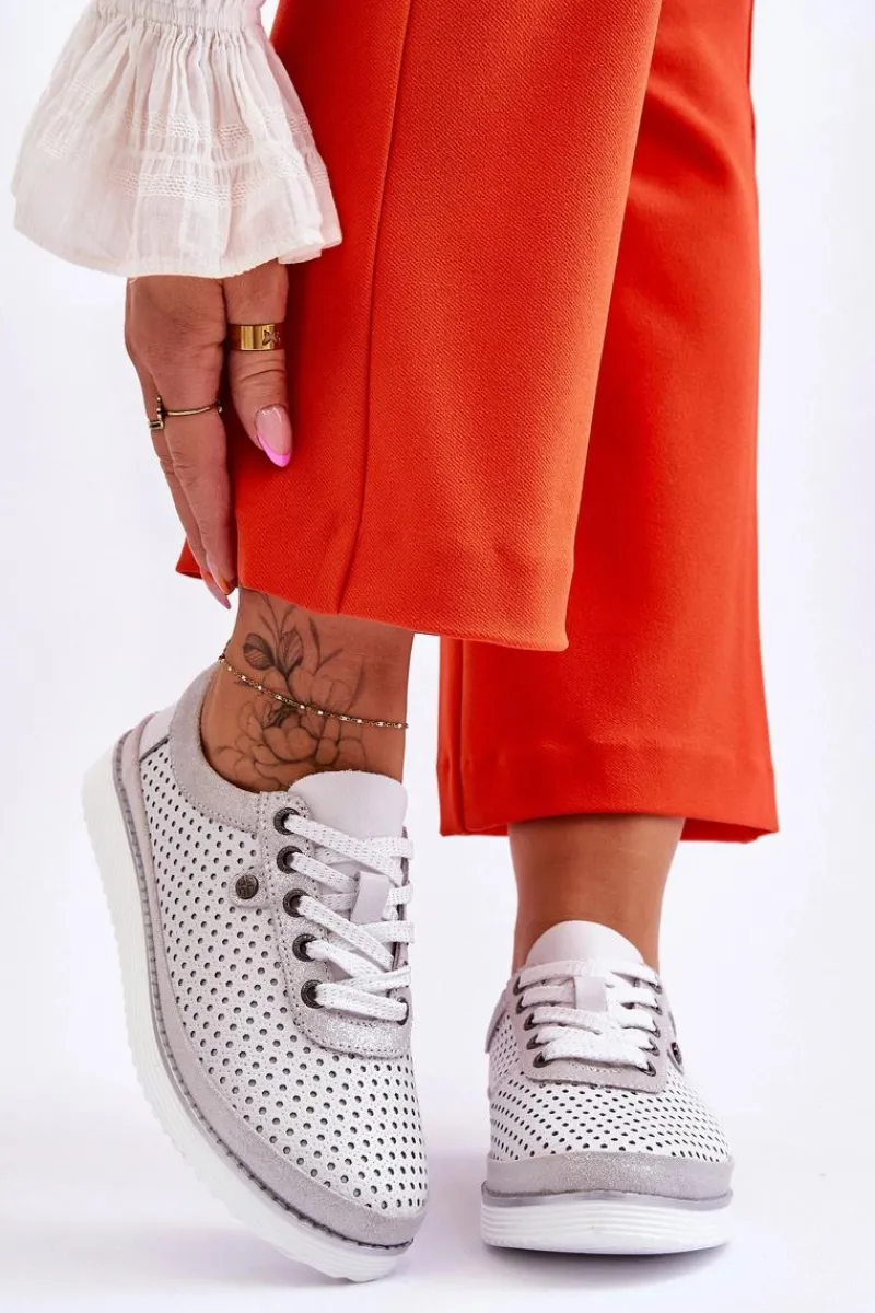 New Modne Skórzane Ażurowe Buty Sportowe Biało-Srebrne Cantare Damskie Buty Sportowe Na Platformie|Sneakersy Damskie