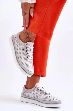 New Modne Skórzane Ażurowe Buty Sportowe Biało-Srebrne Cantare Damskie Buty Sportowe Na Platformie|Sneakersy Damskie