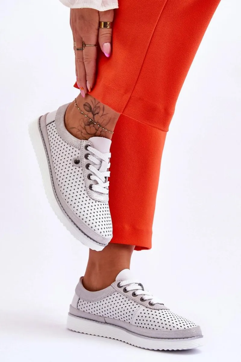 New Modne Skórzane Ażurowe Buty Sportowe Biało-Srebrne Cantare Damskie Buty Sportowe Na Platformie|Sneakersy Damskie