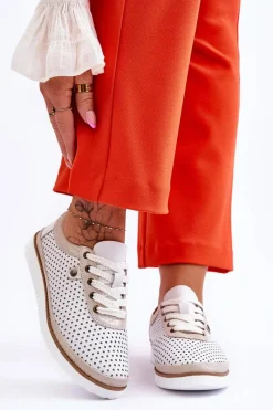 Sneakersy Damskie|Buty Sportowe Na Platformie>Damskie buty S.Barski Modne Skórzane Ażurowe Buty Sportowe Biało-Złote Cantare