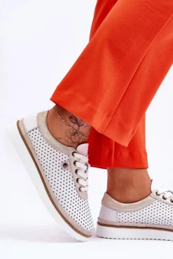Sneakersy Damskie|Buty Sportowe Na Platformie></noscript>Damskie buty S.Barski Modne Skórzane Ażurowe Buty Sportowe Biało-Złote Cantare