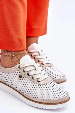 Sneakersy Damskie|Buty Sportowe Na Platformie></noscript>Damskie buty S.Barski Modne Skórzane Ażurowe Buty Sportowe Biało-Złote Cantare