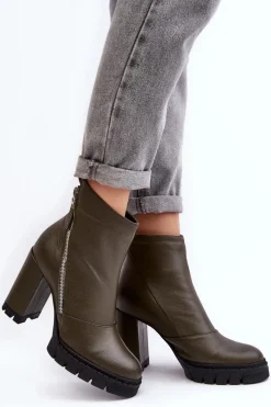 Botki Skórzane|Botki Na Słupku>Laura Messi Modne Skórzane Botki Na Obcasie 2509 Ciemnozielone