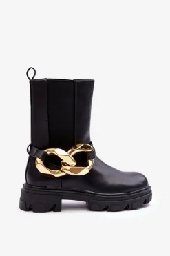 Outlet Boto Modne Skórzane Botki Sztyblety z Łańcuchem Czarne Kambiz