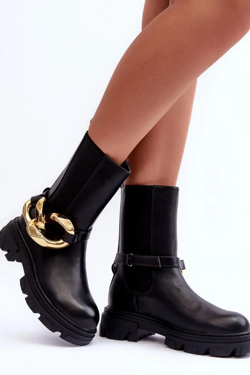 Outlet Boto Modne Skórzane Botki Sztyblety z Łańcuchem Czarne Kambiz