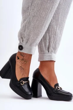 Sale Modne Skórzane Czółenka Czarne Rouse Damskie Czółenka Na Platformie|Czółenka Na Słupku