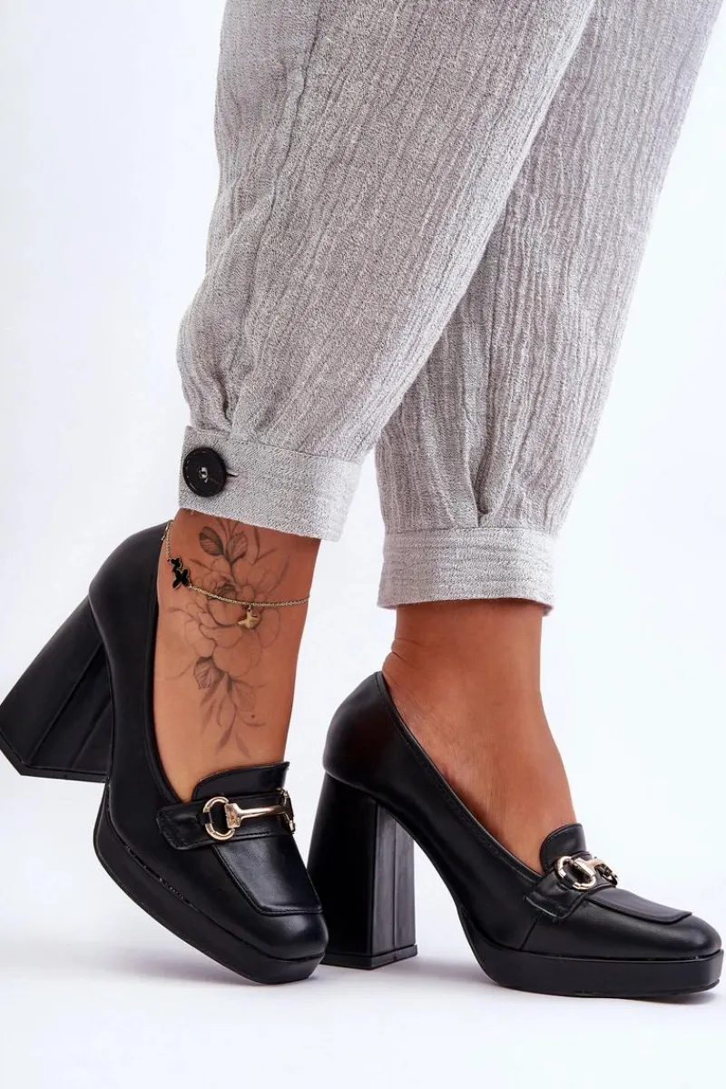 Sale Modne Skórzane Czółenka Czarne Rouse Damskie Czółenka Na Platformie|Czółenka Na Słupku