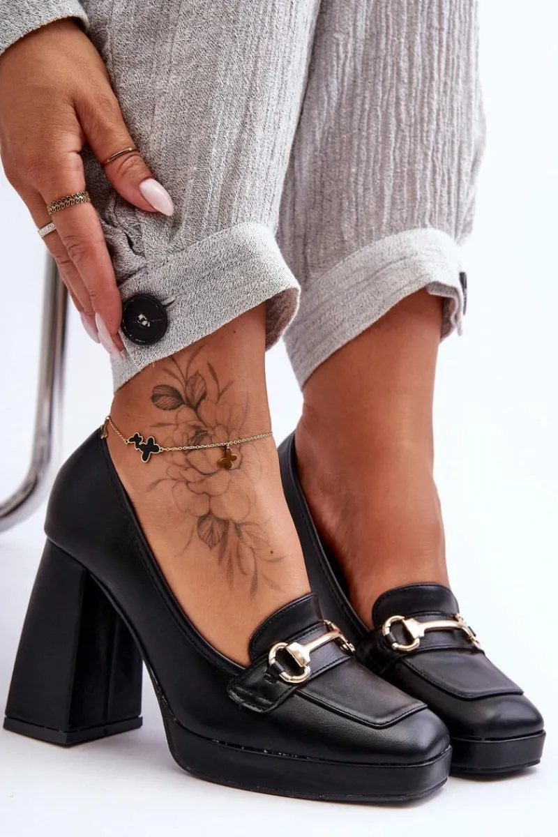 Sale Modne Skórzane Czółenka Czarne Rouse Damskie Czółenka Na Platformie|Czółenka Na Słupku