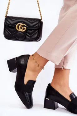 Discount Modne Skórzane Czółenka La.Fi 230033B-PU Czarne Damskie Czółenka Na Słupku|Czółenka Klasyczne