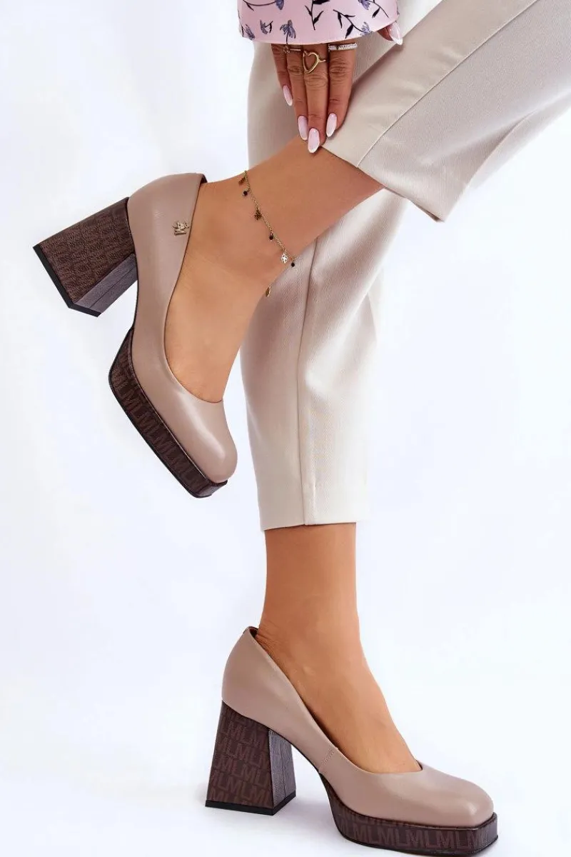 Czółenka Na Platformie|Czółenka Na Słupku>Laura Messi Modne Skórzane Czółenka 2599 Beżowe