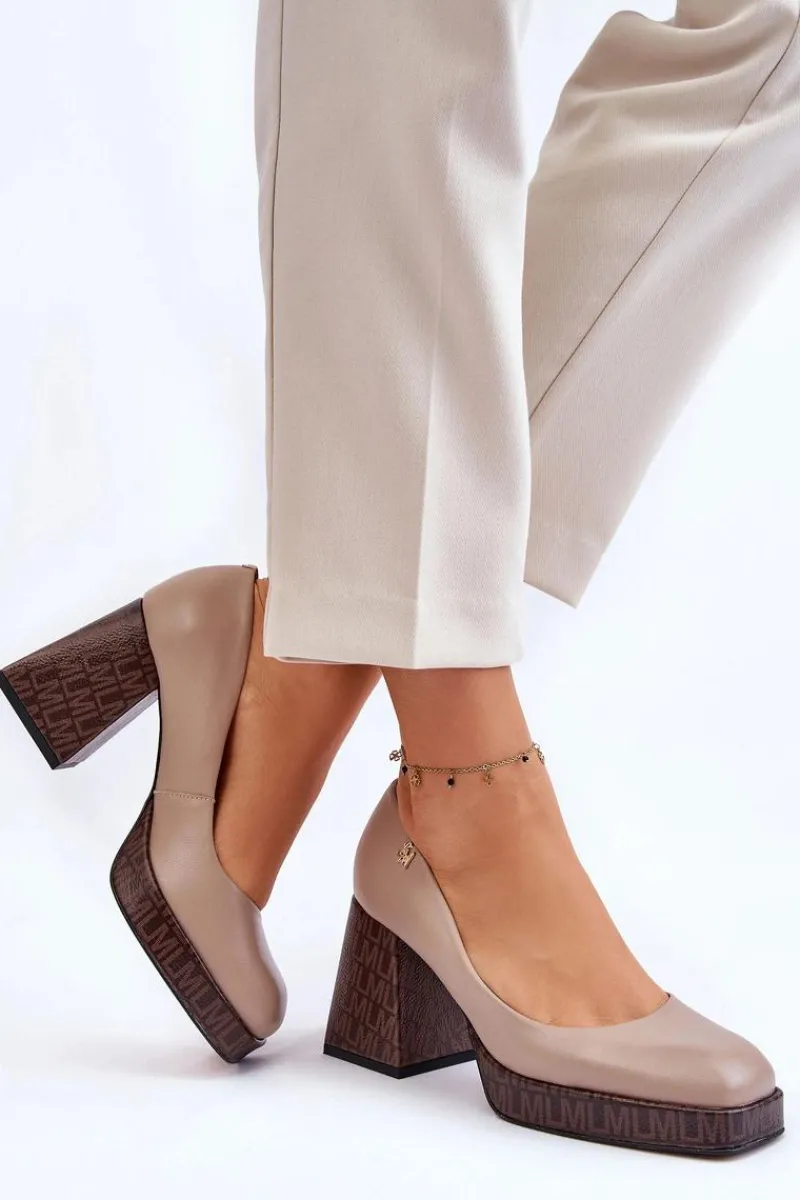 Czółenka Na Platformie|Czółenka Na Słupku>Laura Messi Modne Skórzane Czółenka 2599 Beżowe