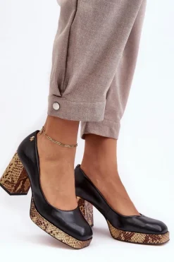 New Modne Skórzane Czółenka 2599 Czarne Damskie Czółenka Na Platformie|Czółenka Na Słupku