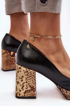 New Modne Skórzane Czółenka 2599 Czarne Damskie Czółenka Na Platformie|Czółenka Na Słupku