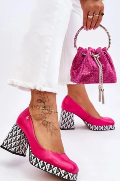 Clearance Laura Messi Modne Skórzane Czółenka 2599 Fuksja