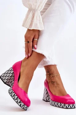 Clearance Laura Messi Modne Skórzane Czółenka 2599 Fuksja