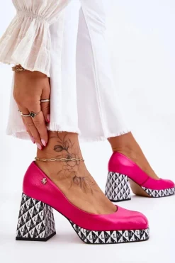 Clearance Laura Messi Modne Skórzane Czółenka 2599 Fuksja