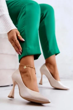 Czółenka Klasyczne>Boto Modne Skórzane Czółenka Lewski Shoes 3181 Beżowe