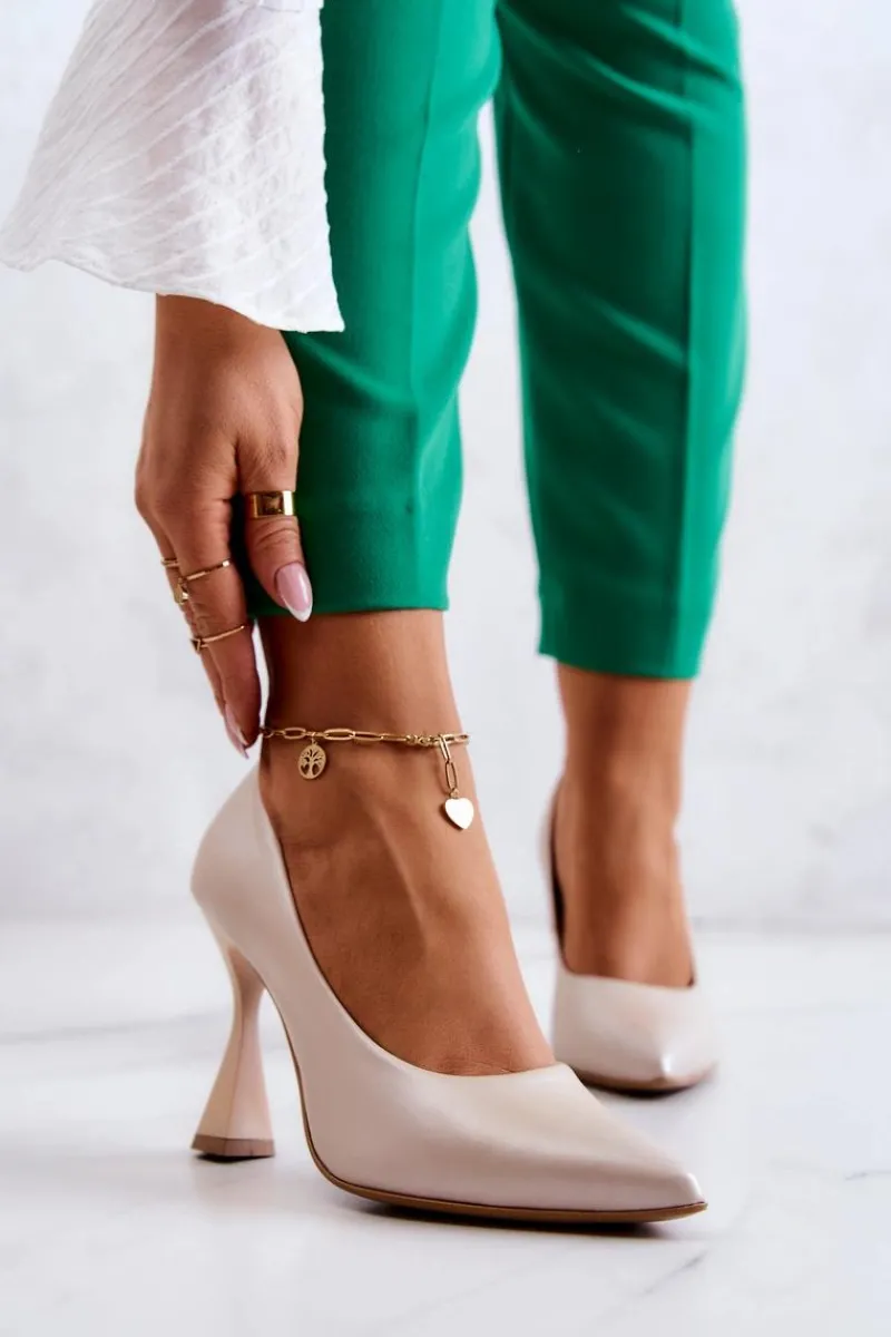 Czółenka Klasyczne>Boto Modne Skórzane Czółenka Lewski Shoes 3181 Beżowe