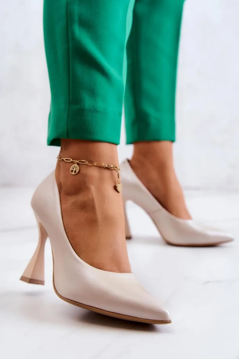 Czółenka Klasyczne>Boto Modne Skórzane Czółenka Lewski Shoes 3181 Beżowe