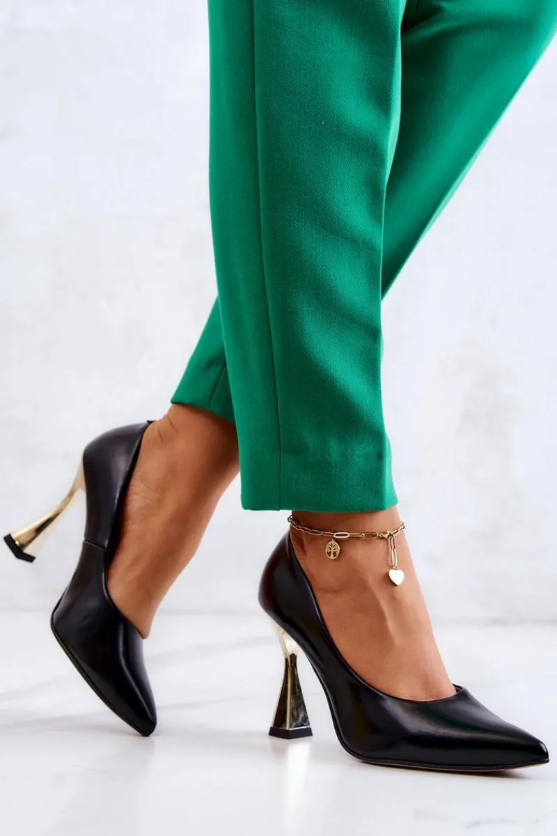 Discount Boto Modne Skórzane Czółenka Lewski Shoes 3083 Czarno-Złote