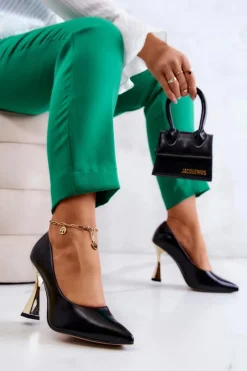 Discount Boto Modne Skórzane Czółenka Lewski Shoes 3083 Czarno-Złote