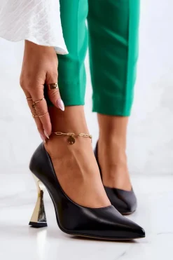 Discount Boto Modne Skórzane Czółenka Lewski Shoes 3083 Czarno-Złote