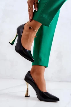 Discount Boto Modne Skórzane Czółenka Lewski Shoes 3083 Czarno-Złote