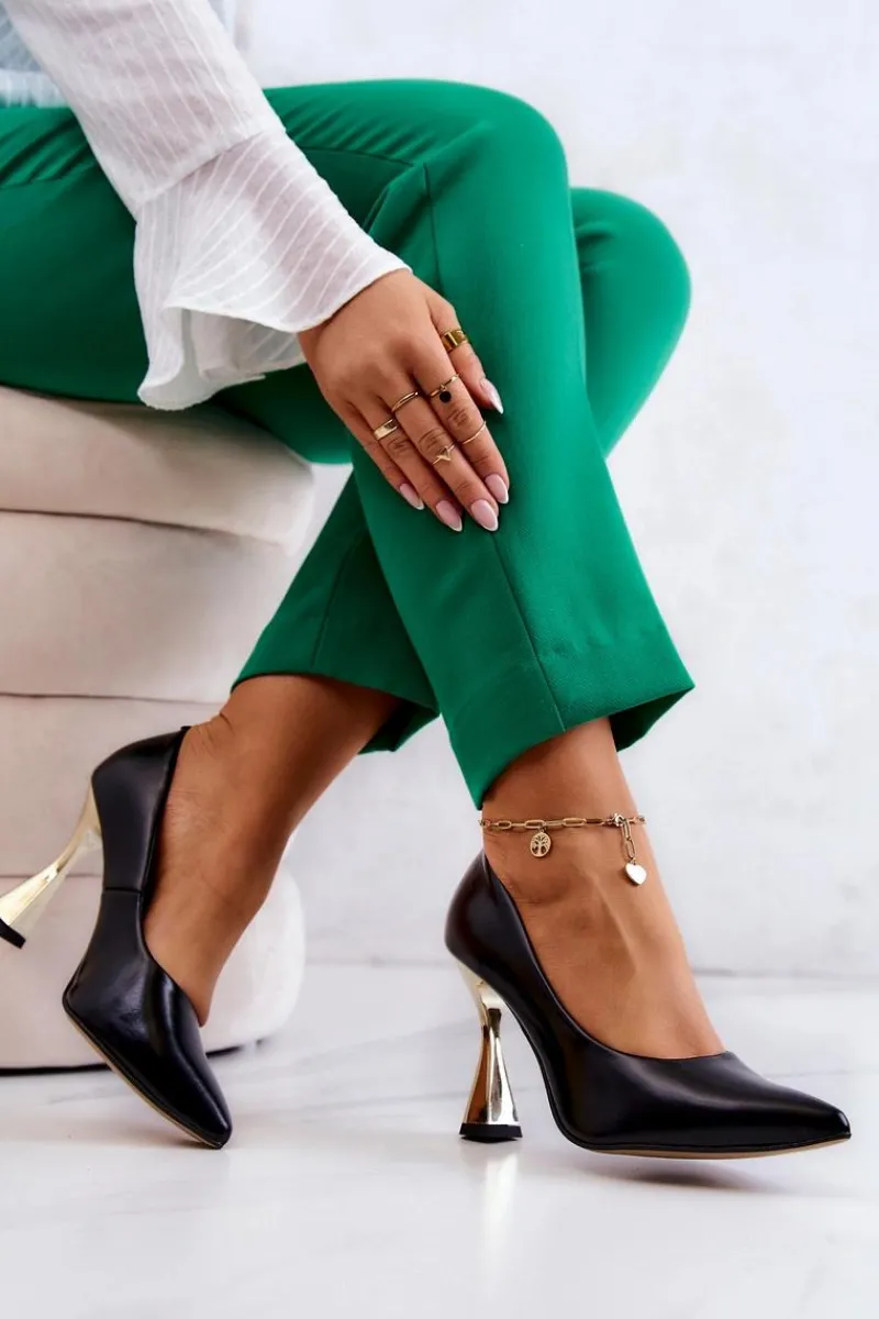 Discount Boto Modne Skórzane Czółenka Lewski Shoes 3083 Czarno-Złote