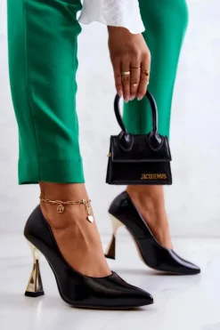 Discount Boto Modne Skórzane Czółenka Lewski Shoes 3083 Czarno-Złote