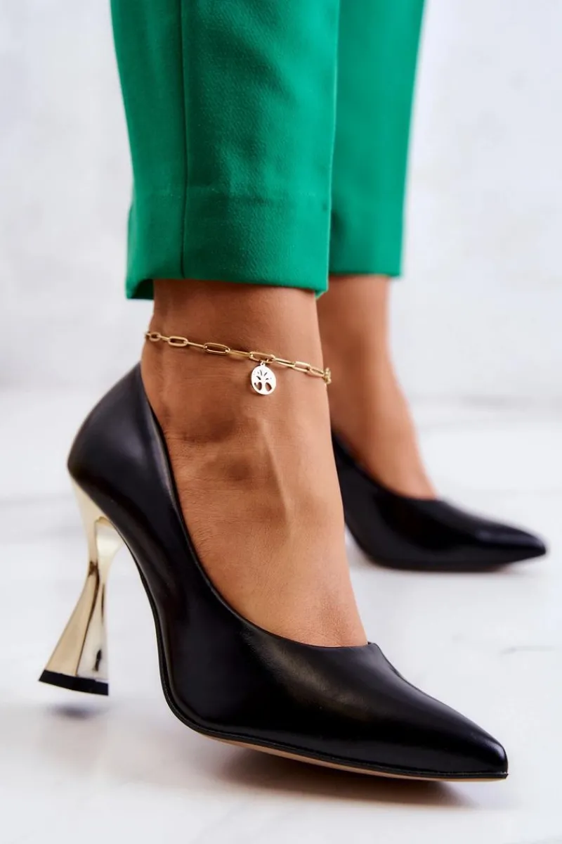 Discount Boto Modne Skórzane Czółenka Lewski Shoes 3083 Czarno-Złote