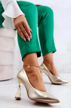 Best Modne Skórzane Czółenka Lewski Shoes 3181 Złote Damskie Czółenka Klasyczne
