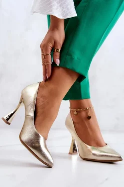 Best Modne Skórzane Czółenka Lewski Shoes 3181 Złote Damskie Czółenka Klasyczne