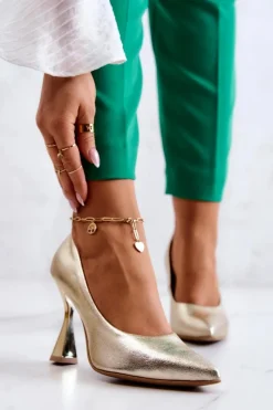 Best Modne Skórzane Czółenka Lewski Shoes 3181 Złote Damskie Czółenka Klasyczne