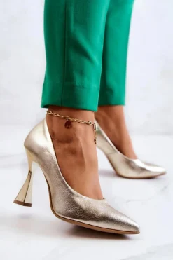 Best Modne Skórzane Czółenka Lewski Shoes 3181 Złote Damskie Czółenka Klasyczne