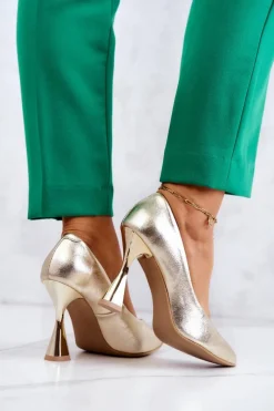 Best Modne Skórzane Czółenka Lewski Shoes 3181 Złote Damskie Czółenka Klasyczne