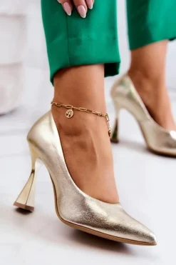 Best Modne Skórzane Czółenka Lewski Shoes 3181 Złote Damskie Czółenka Klasyczne