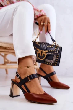 Czółenka Na Słupku|Czółenka Klasyczne>Maciejka Modne Skórzane Czółenka 05498-29 Brązowo-Czarne