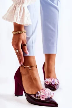 Sale Modne Skórzane Czółenka Z Ozdobami Bordowe Louna Damskie Czółenka Klasyczne