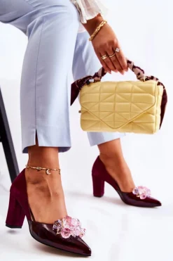 Sale Modne Skórzane Czółenka Z Ozdobami Bordowe Louna Damskie Czółenka Klasyczne