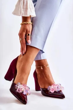 Sale Modne Skórzane Czółenka Z Ozdobami Bordowe Louna Damskie Czółenka Klasyczne