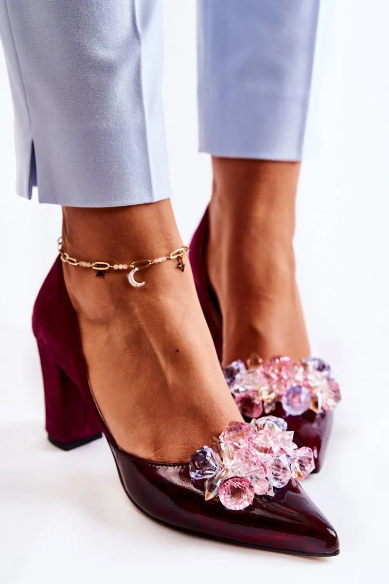 Sale Modne Skórzane Czółenka Z Ozdobami Bordowe Louna Damskie Czółenka Klasyczne