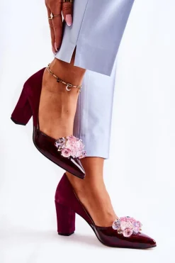 Sale Modne Skórzane Czółenka Z Ozdobami Bordowe Louna Damskie Czółenka Klasyczne