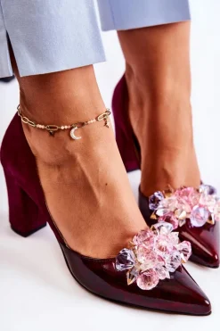 Sale Modne Skórzane Czółenka Z Ozdobami Bordowe Louna Damskie Czółenka Klasyczne