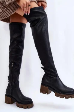 Sale Boto Modne Skórzane Damskie Kozaki Za Kolano Czarne Lemar Venise