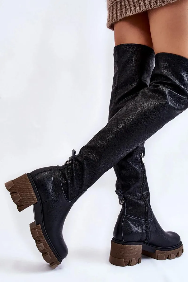 Sale Boto Modne Skórzane Damskie Kozaki Za Kolano Czarne Lemar Venise