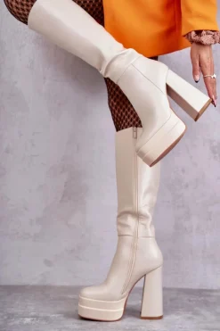 Kozaki Wiosenne|Kozaki Przed Kolano>Boto Modne Skórzane Kozaki Na Masywnym Obcasie Beżowe Meggie