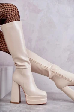 Kozaki Wiosenne|Kozaki Przed Kolano>Boto Modne Skórzane Kozaki Na Masywnym Obcasie Beżowe Meggie