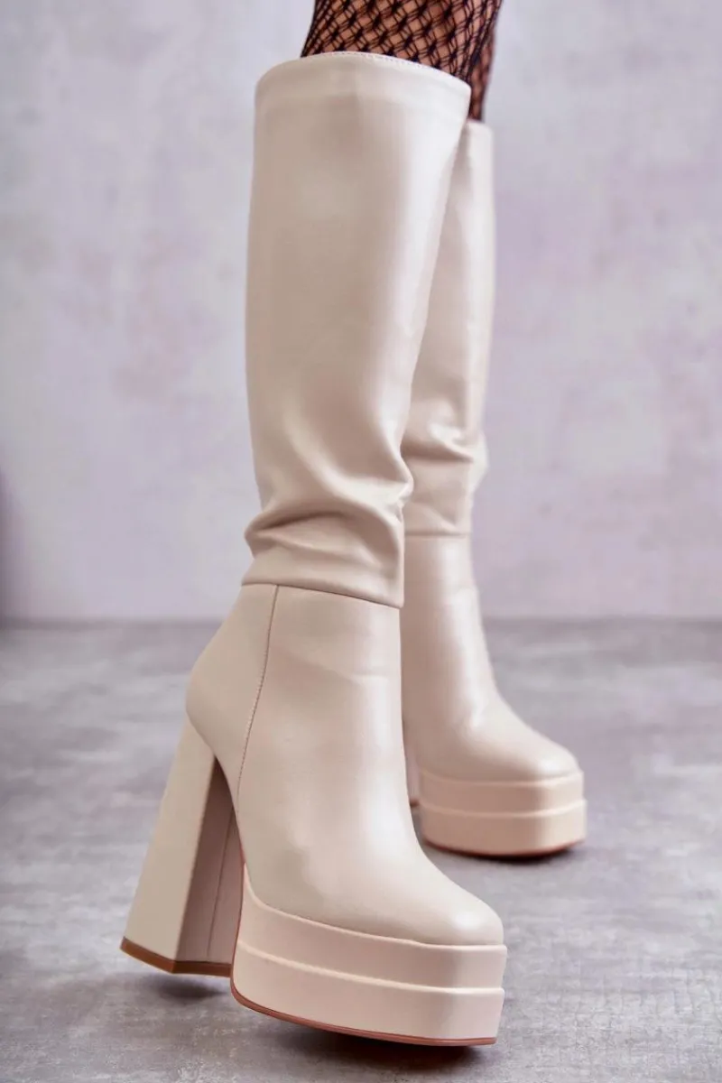 Kozaki Wiosenne|Kozaki Przed Kolano>Boto Modne Skórzane Kozaki Na Masywnym Obcasie Beżowe Meggie