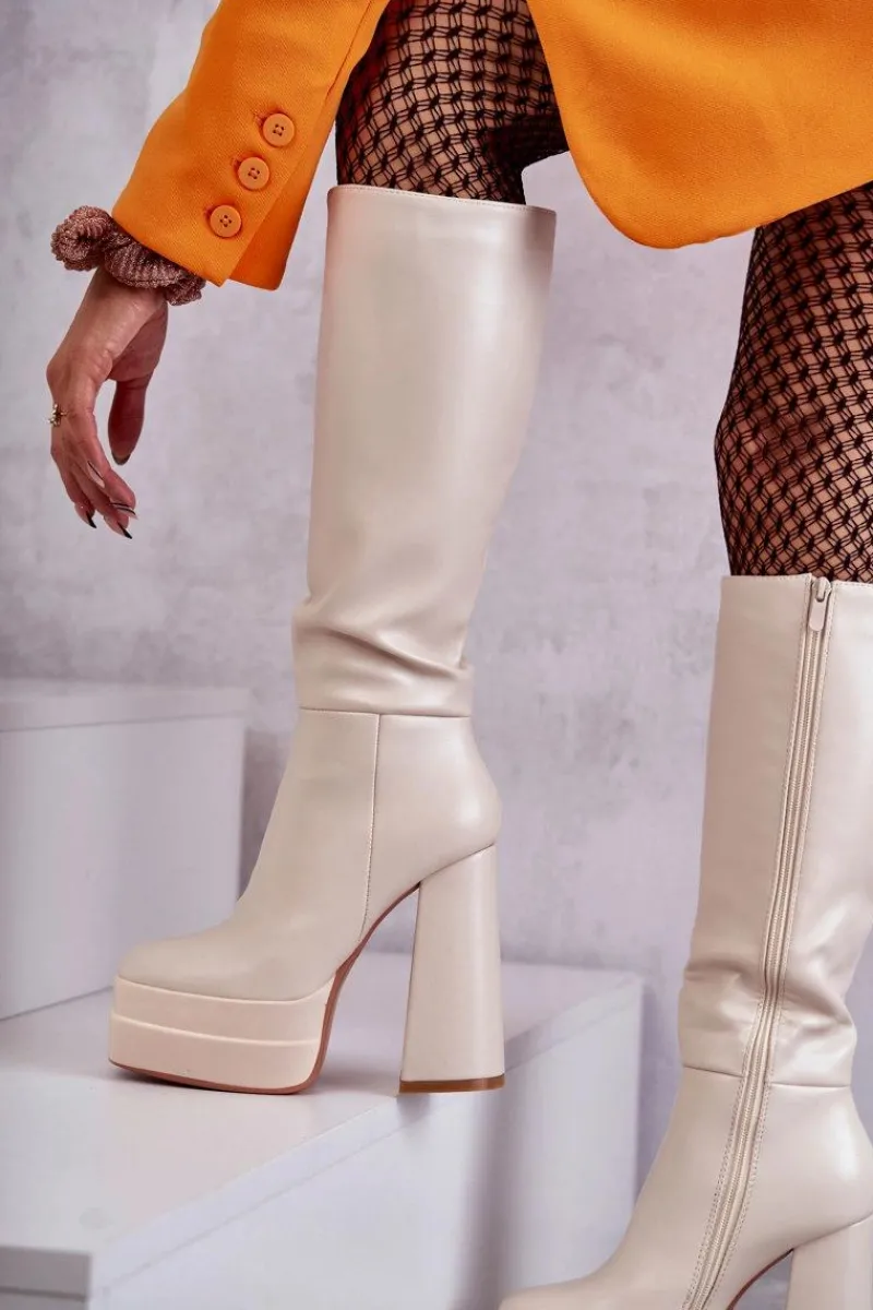 Kozaki Wiosenne|Kozaki Przed Kolano>Boto Modne Skórzane Kozaki Na Masywnym Obcasie Beżowe Meggie